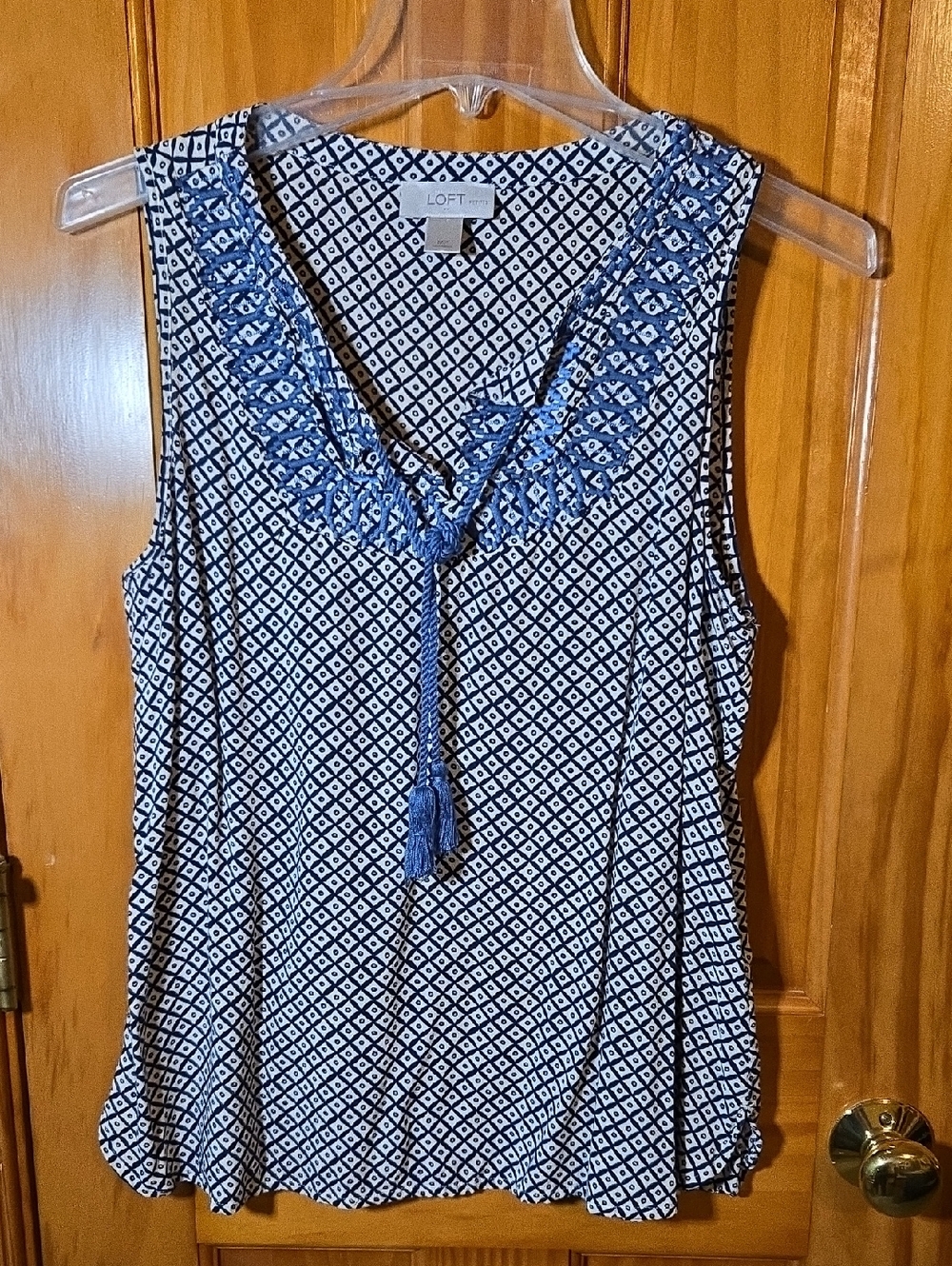 LOFT Blue & White Embroidered Sleeveless Tie-Front Top